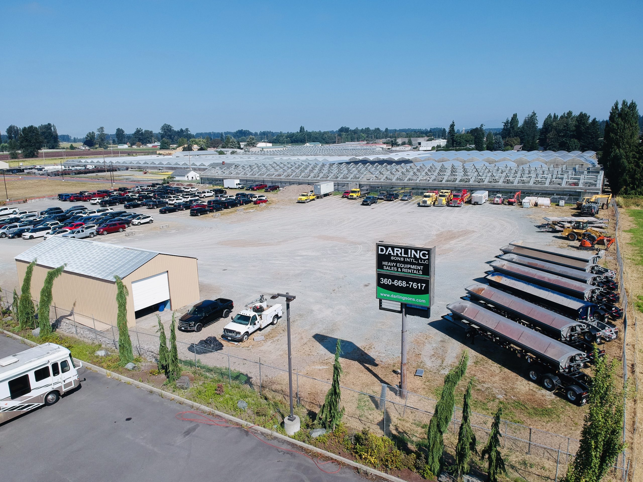 Aerial view of Darling Sons equipment yard and sign